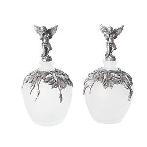 2 Vintage Glass & Pewter Perfume Bottles Winged Cherub Topper Glass